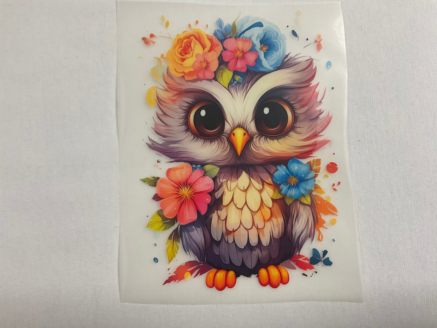 Bügelbild Eule mit Blumen 11cm x 15cm (Breite x Höhe )