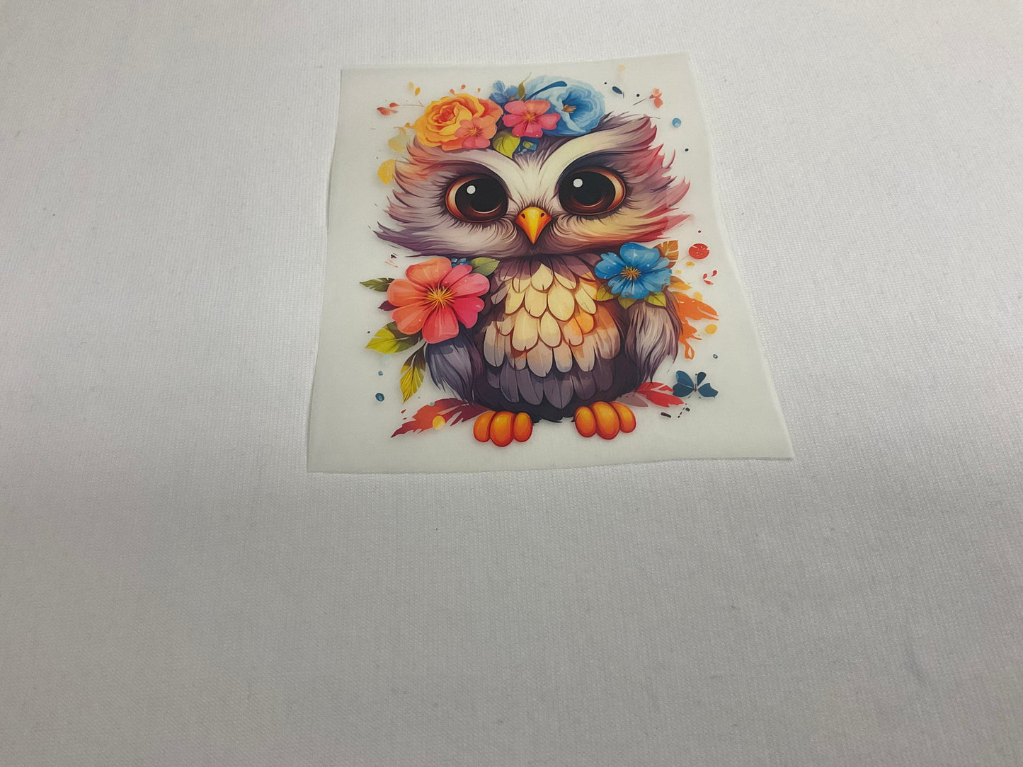 Bügelbild Eule mit Blumen 11cm x 15cm (Breite x Höhe )